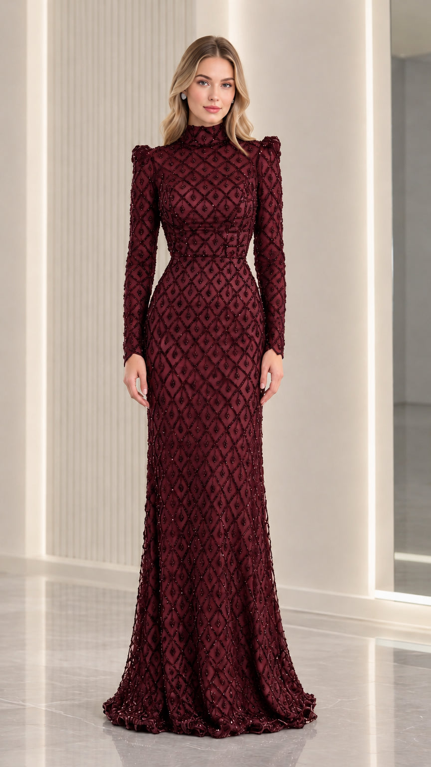Burgundy wine beaded mock neck formal evening dress front view