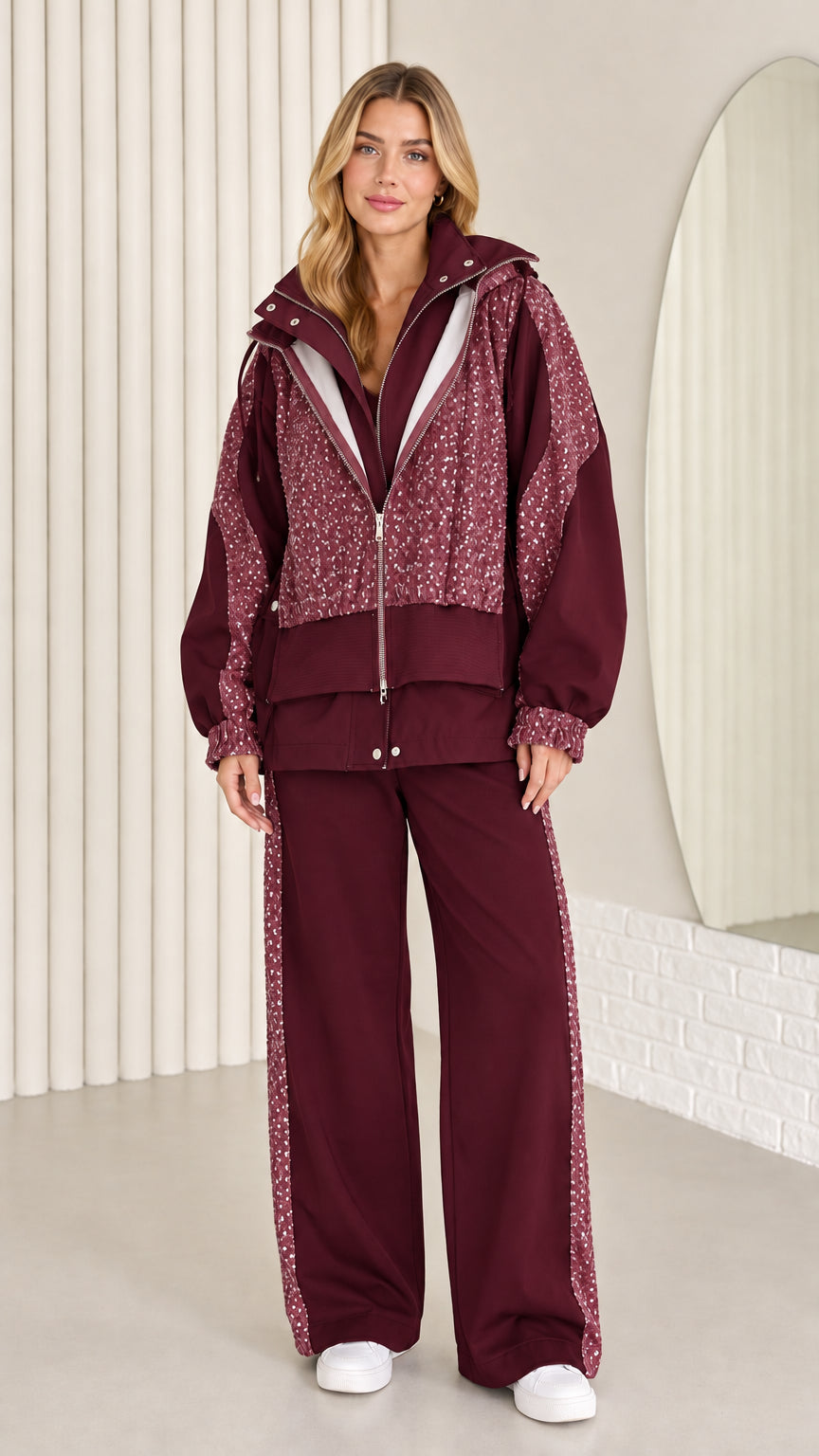Full front view of women's burgundy wine red sequin tracksuit set