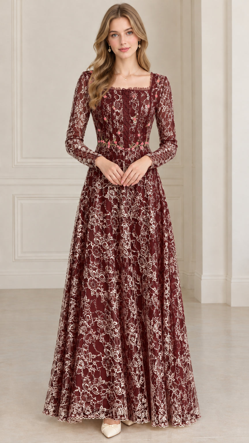 Front full-length view of model in burgundy wine red floral embroidered lace maxi dress