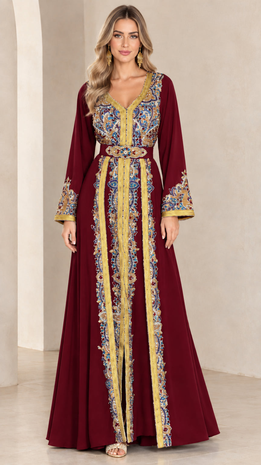 Full front view of burgundy wine red embellished Moroccan kaftan maxi dress
