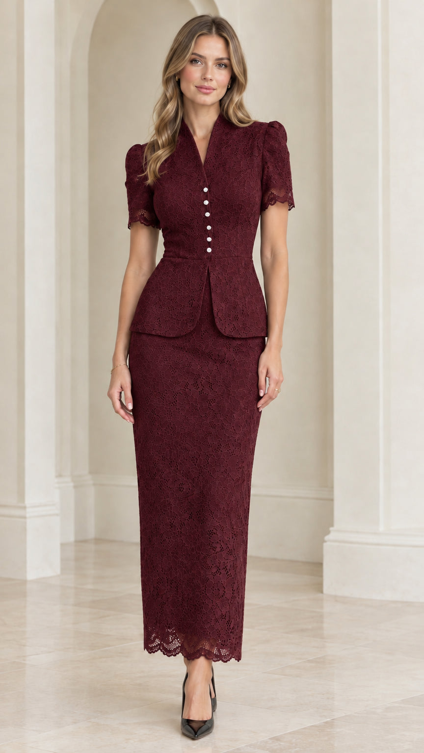 Front view of model wearing burgundy wine lace peplum jacket and maxi skirt