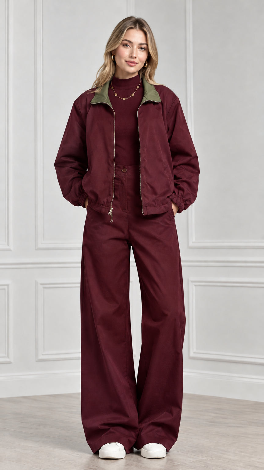 Front view of model wearing burgundy wine two-piece jacket and wide-leg trouser set