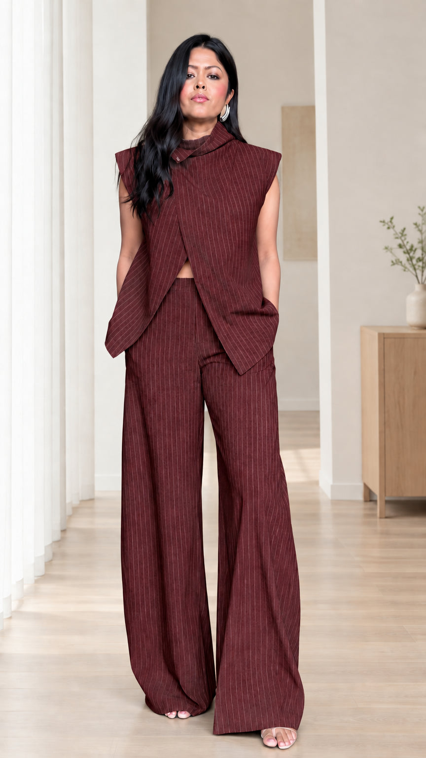 Burgundy wine pinstripe crossover top and wide-leg pants set