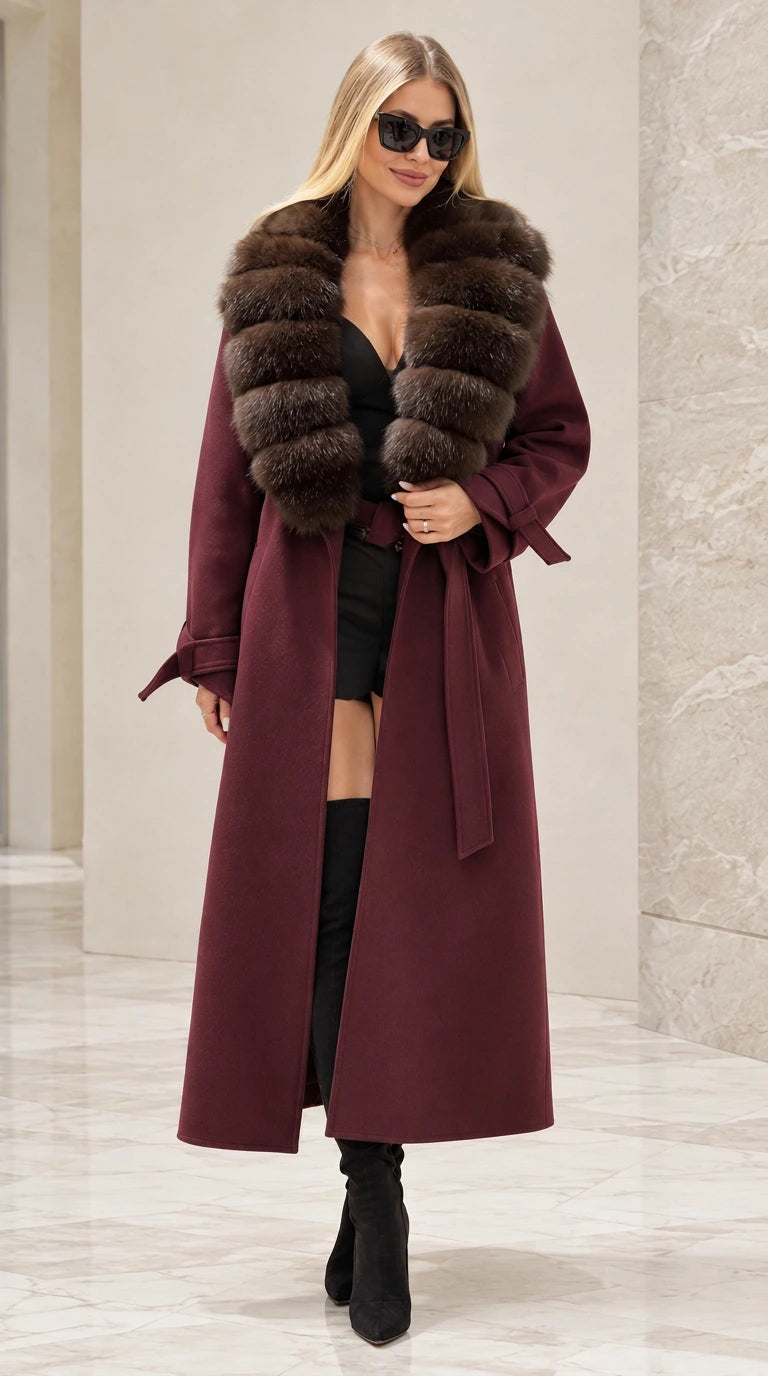 Front full view of woman wearing burgundy wine longline coat with faux fur collar