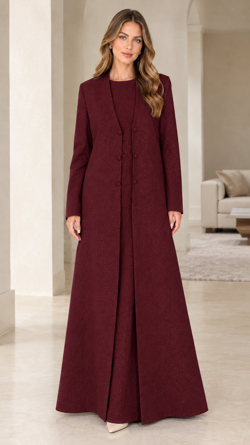 Front view of burgundy wine red two-piece formal maxi coat and dress set