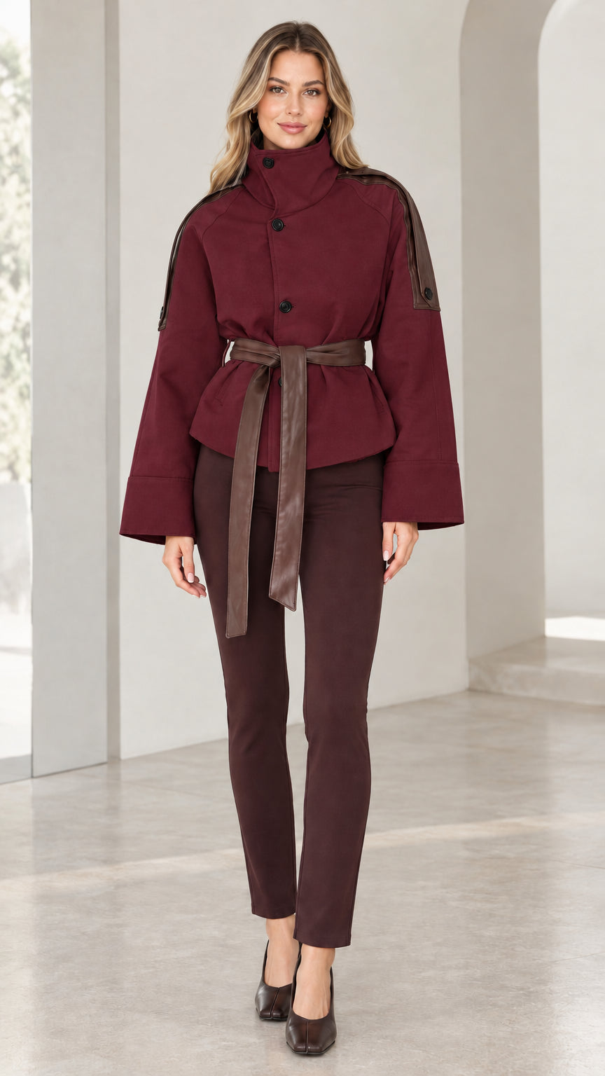 Model wearing burgundy high-neck belted short jacket with brown contrast trim