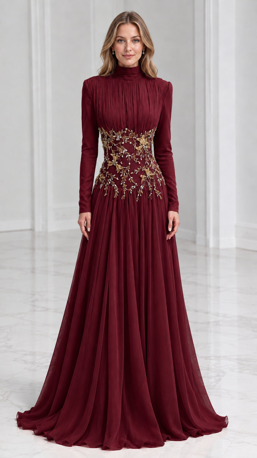 Front view of model wearing Burgundy long sleeve embellished waist formal gown