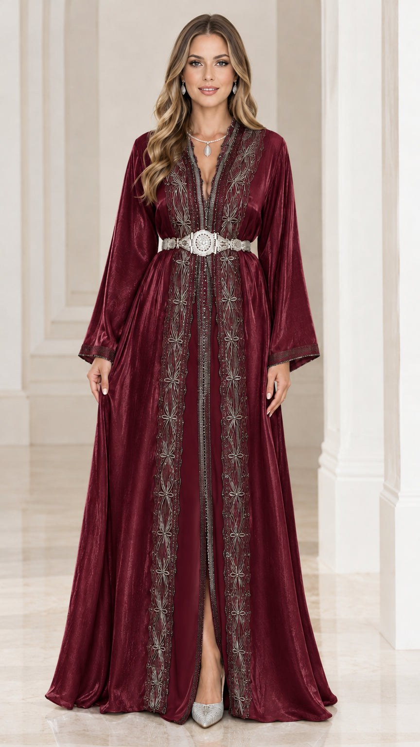 Burgundy wine shimmer caftan evening gown with embroidered trim