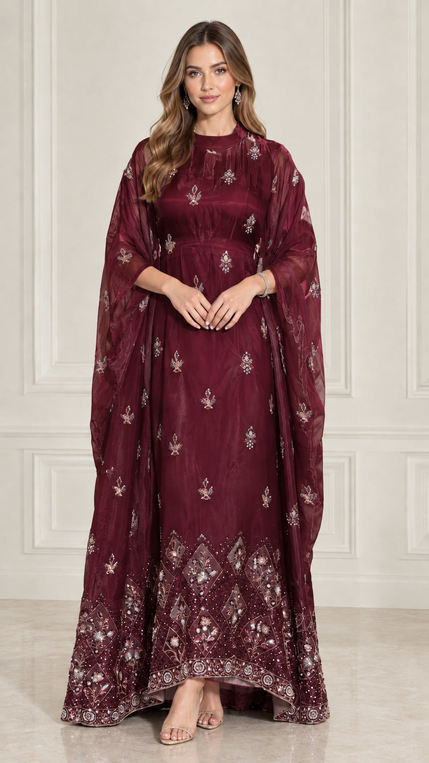 Burgundy wine red embroidered cape sleeve evening kaftan dress