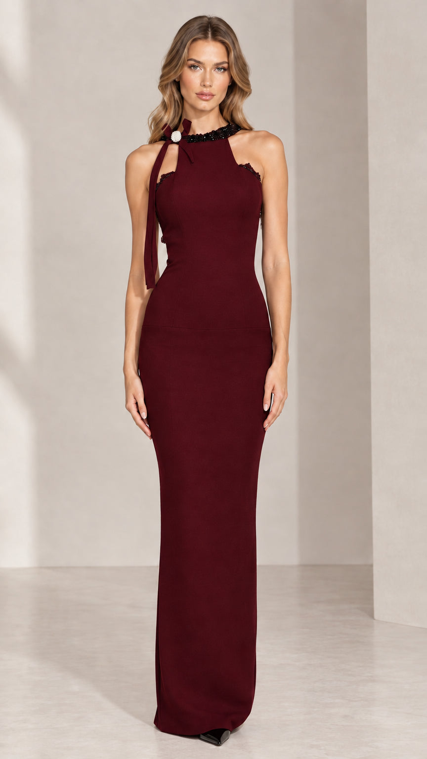 Burgundy wine red halter formal evening maxi gown