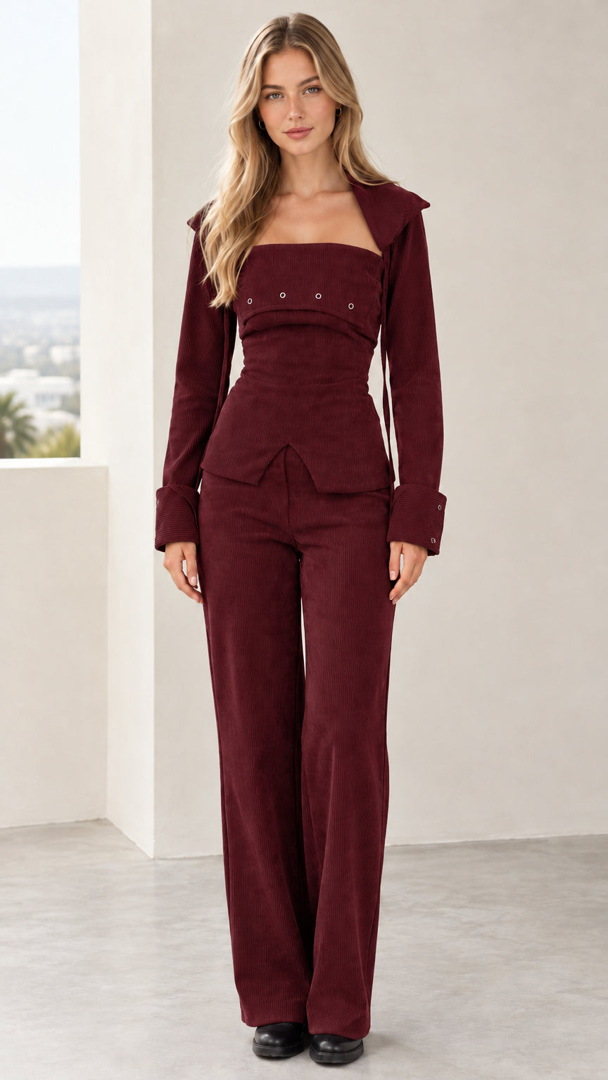 Model wearing burgundy red corduroy corset top and wide-leg pants set