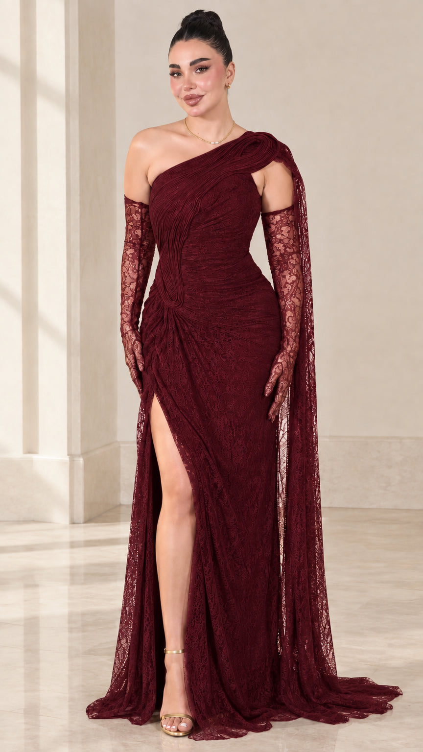 Burgundy wine red one-shoulder ruched lace gala gown with cape and gloves