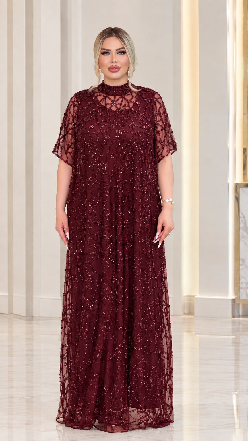 Burgundy wine red sparkling sequin high neck maxi evening dress