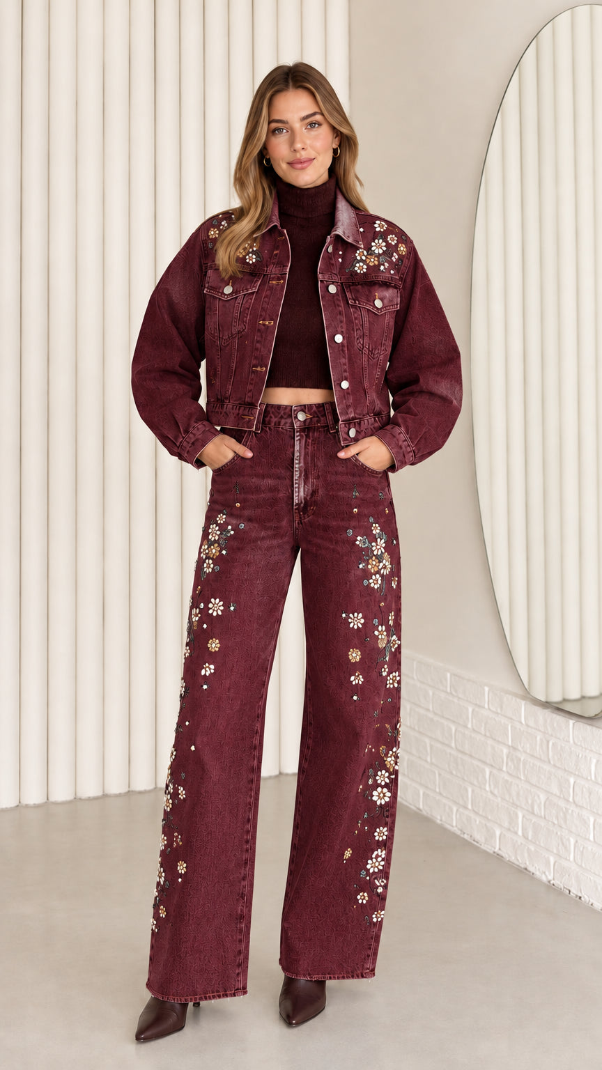 Model wearing Burgundy red floral embellished denim jacket and wide-leg pants set
