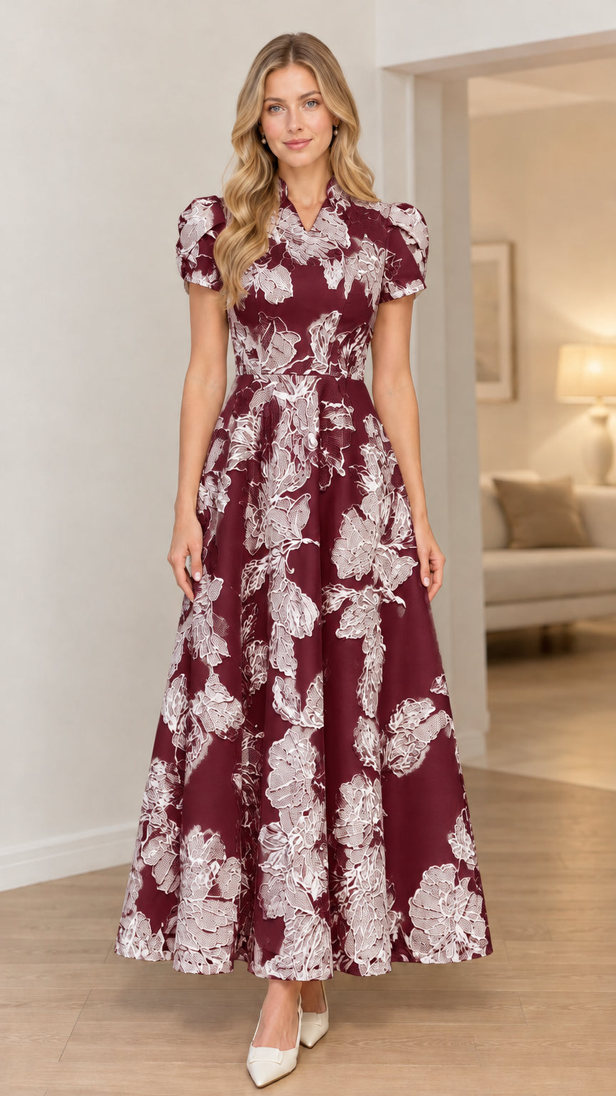 Burgundy wine floral jacquard elegant evening maxi dress