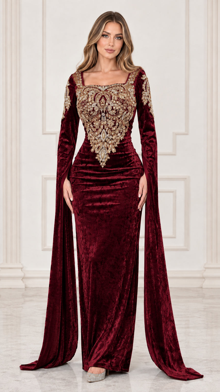 Front view of burgundy red velvet evening gown featuring ornate gold embroidery and cape sleeves