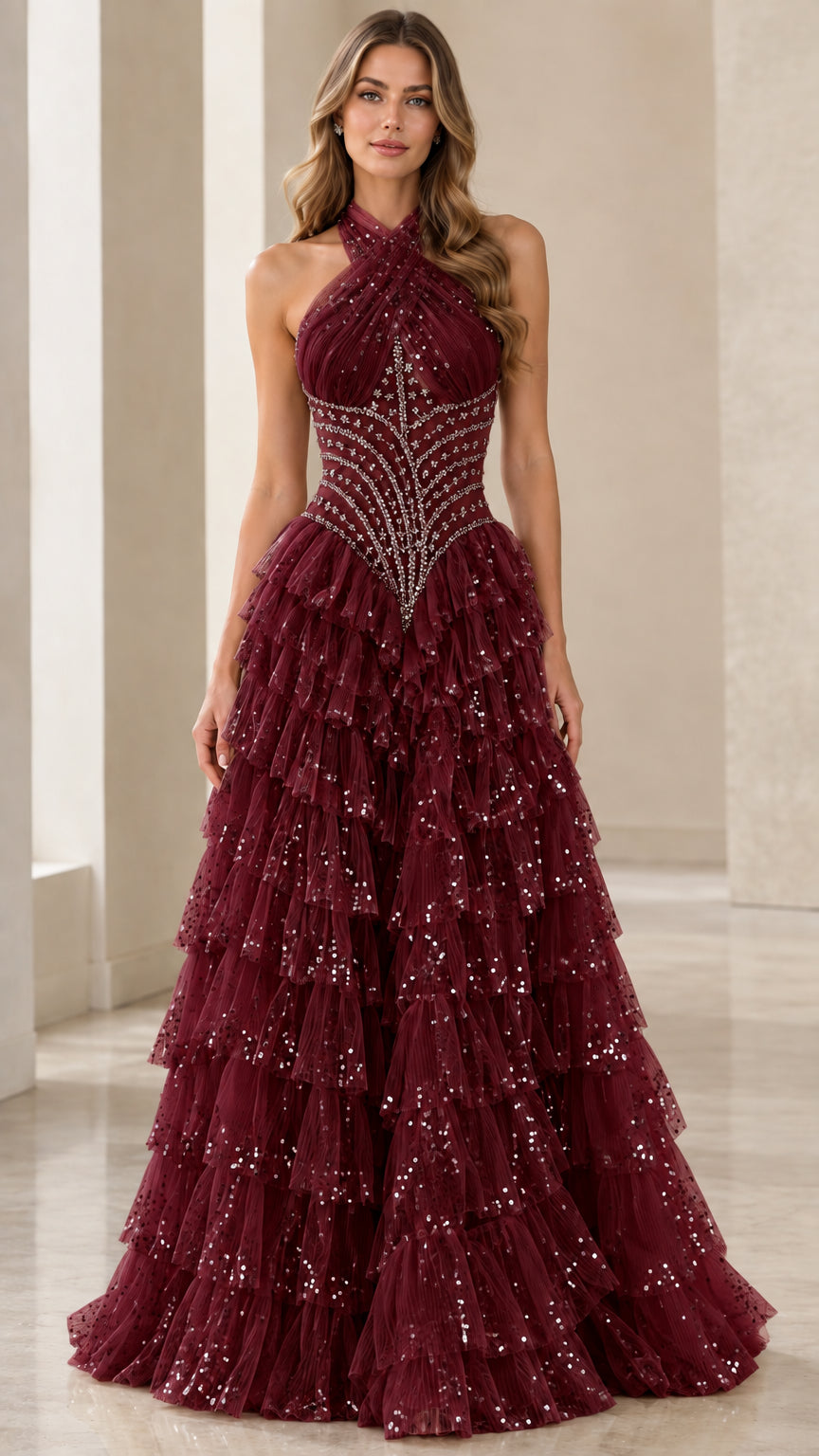 Model wearing a Burgundy halter neck sequined tiered tulle evening gown