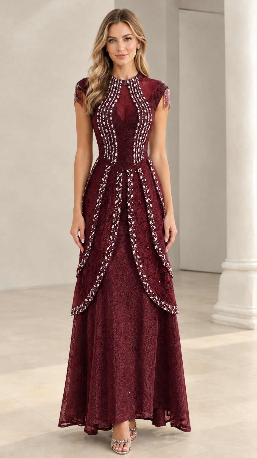 Burgundy wine red lace evening gown with beaded neckline and tiered waist
