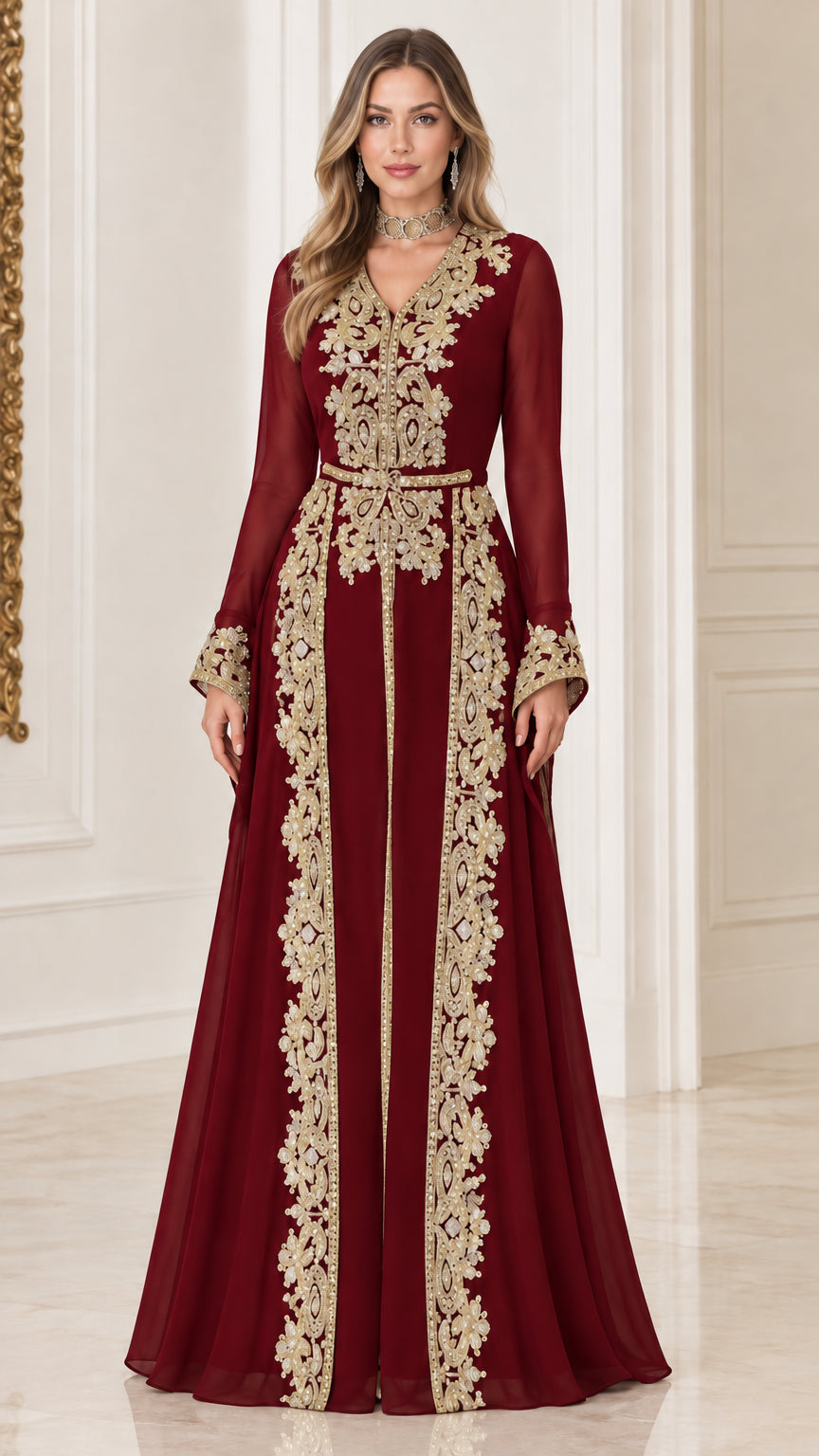 Burgundy wine red embroidered Moroccan caftan formal evening dress