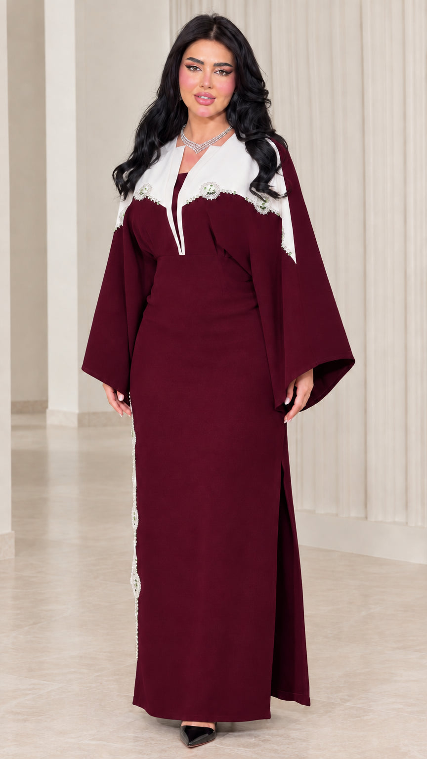 Burgundy wine red contrast embellished bell sleeve maxi dress front view