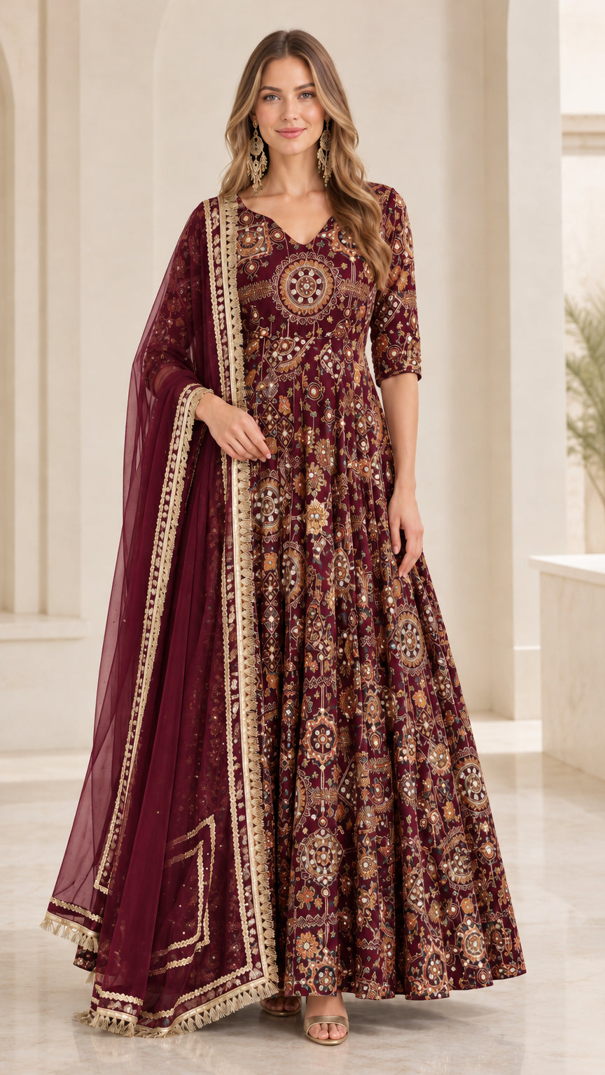 Front view of model wearing rich Maroon Wine embroidered Anarkali gown with dupatta