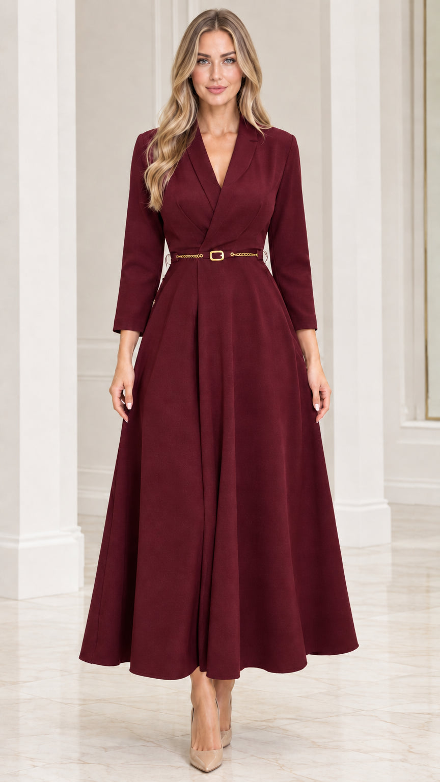 Model wearing burgundy wine red lapel collar belted A-line maxi dress
