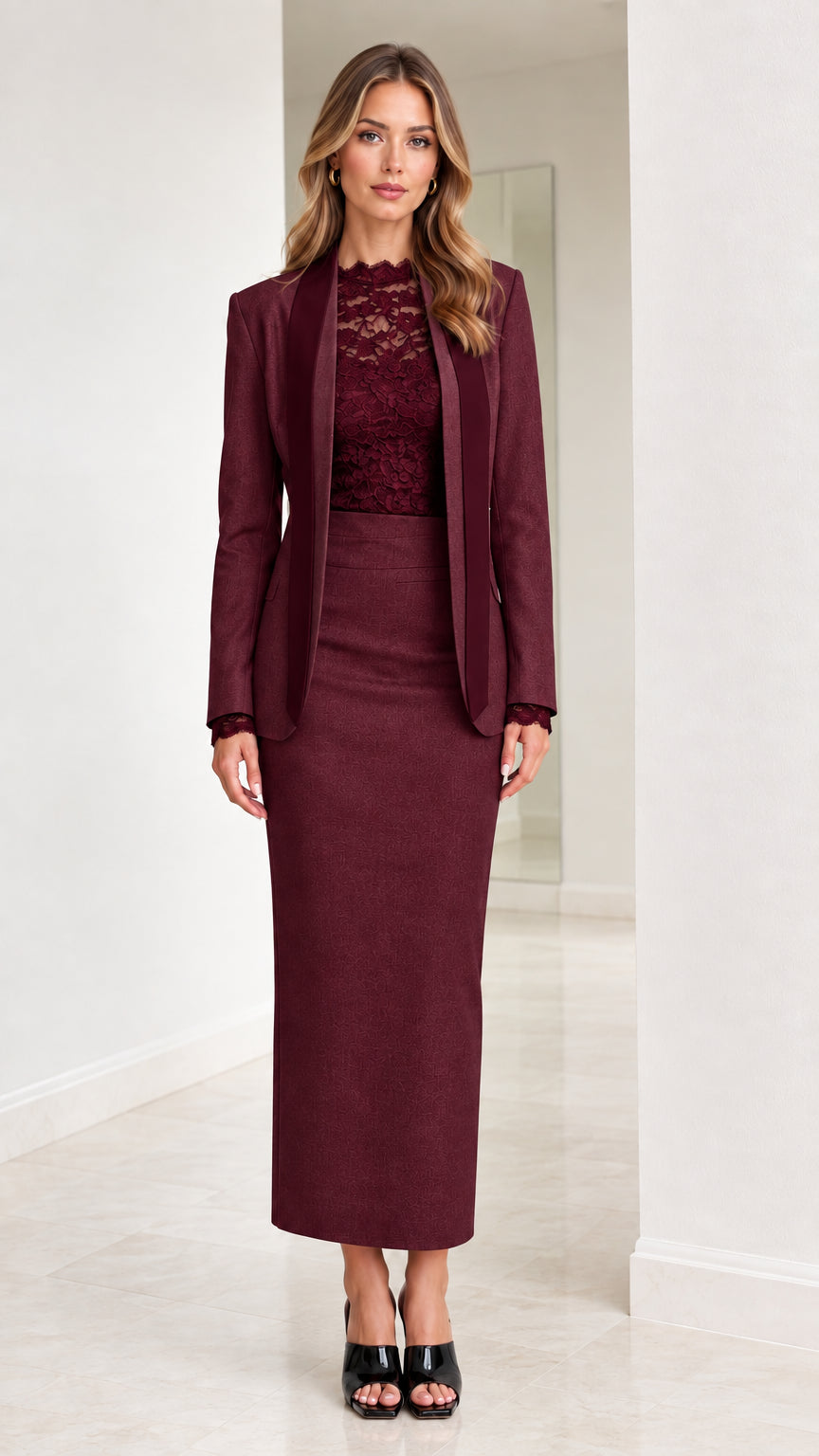 Front view of burgundy tailored blazer and maxi skirt suit set with matching lace underlay