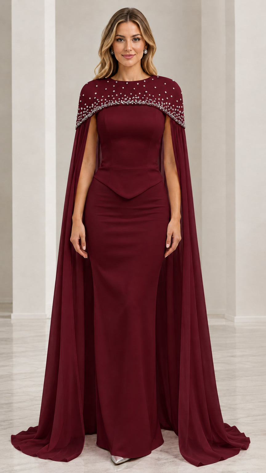 Model wearing burgundy wine capelet evening gown with beaded neckline
