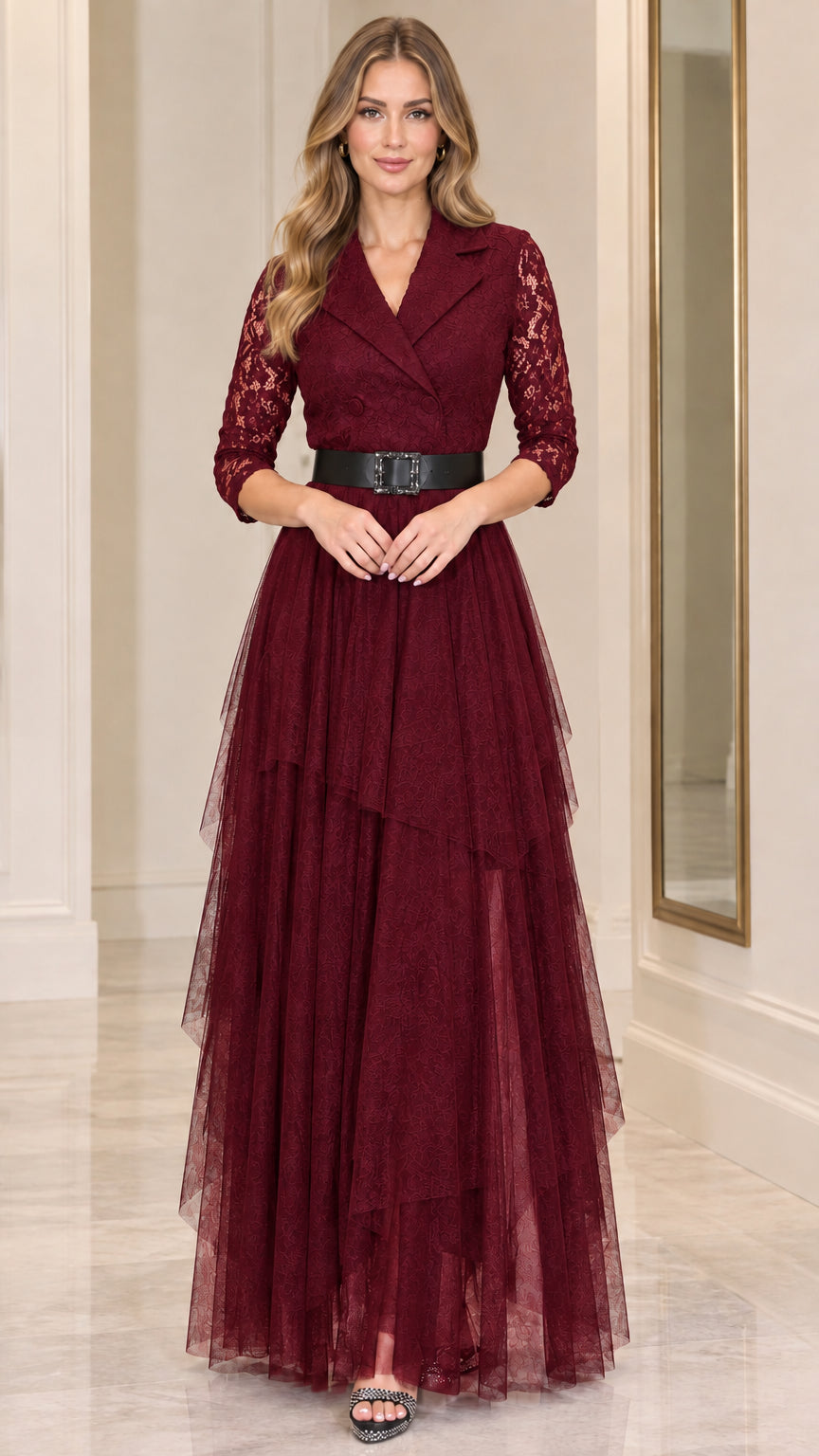 Model wearing burgundy wine red lapel lace tiered maxi evening dress with belt