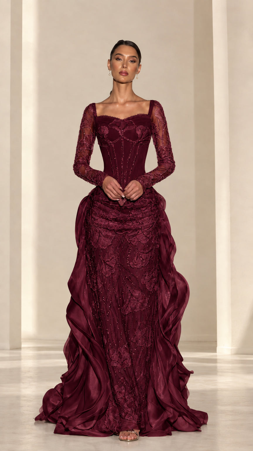 Front view of burgundy red lace corset evening dress with ruffle train