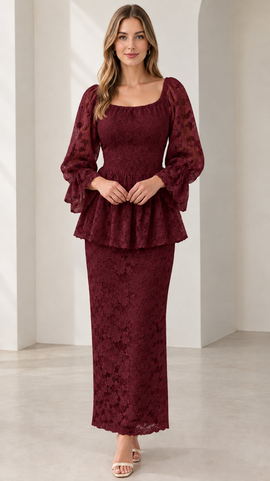 Burgundy Floral Lace Peplum Maxi Dress full-length front view