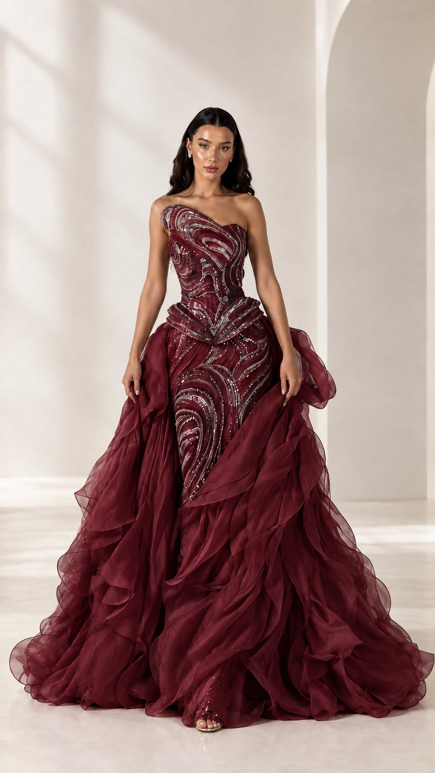 Front full-length view of model wearing burgundy wine one-shoulder embellished evening gown