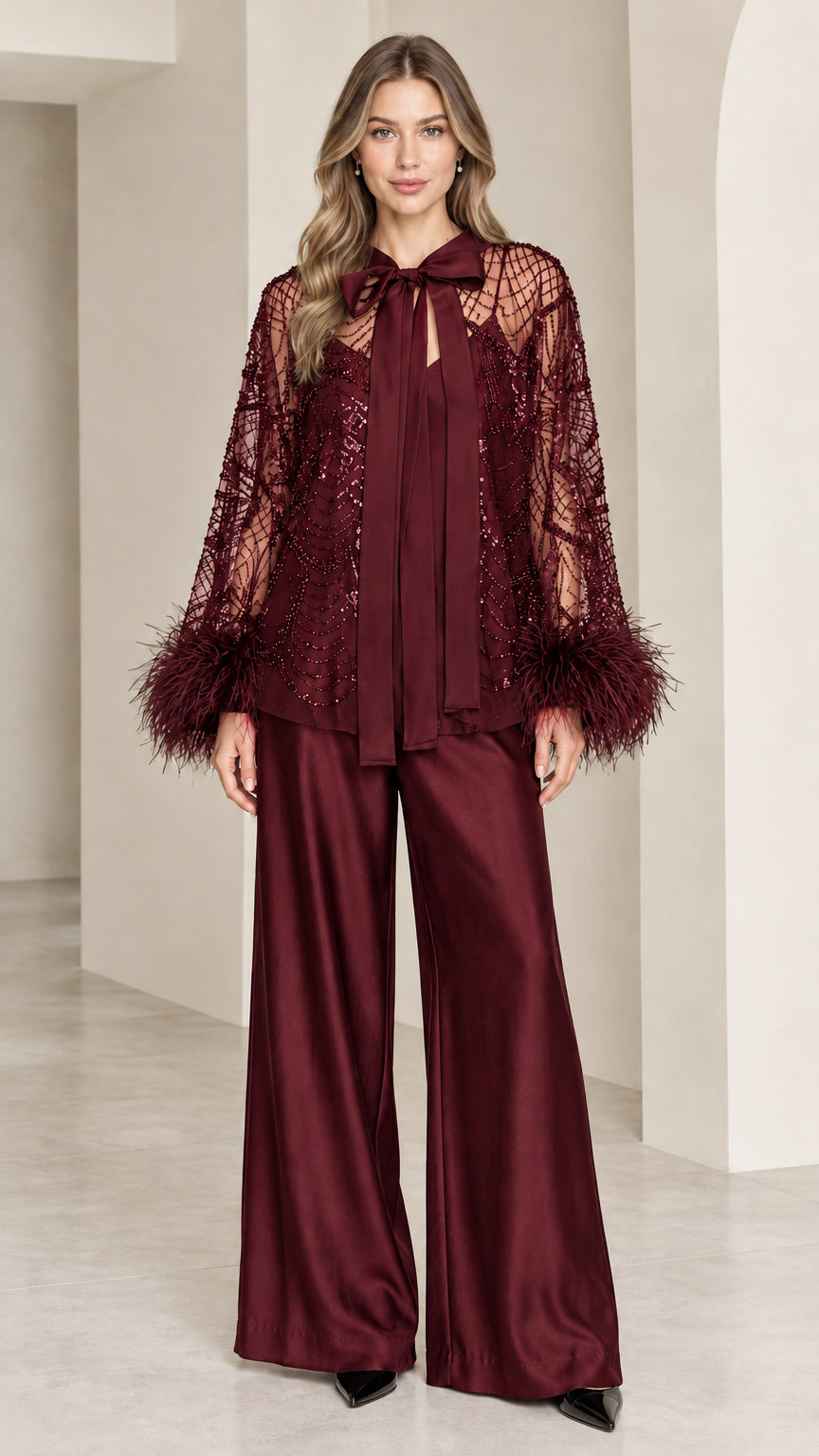 Burgundy wine red embellished bow top and satin pant set