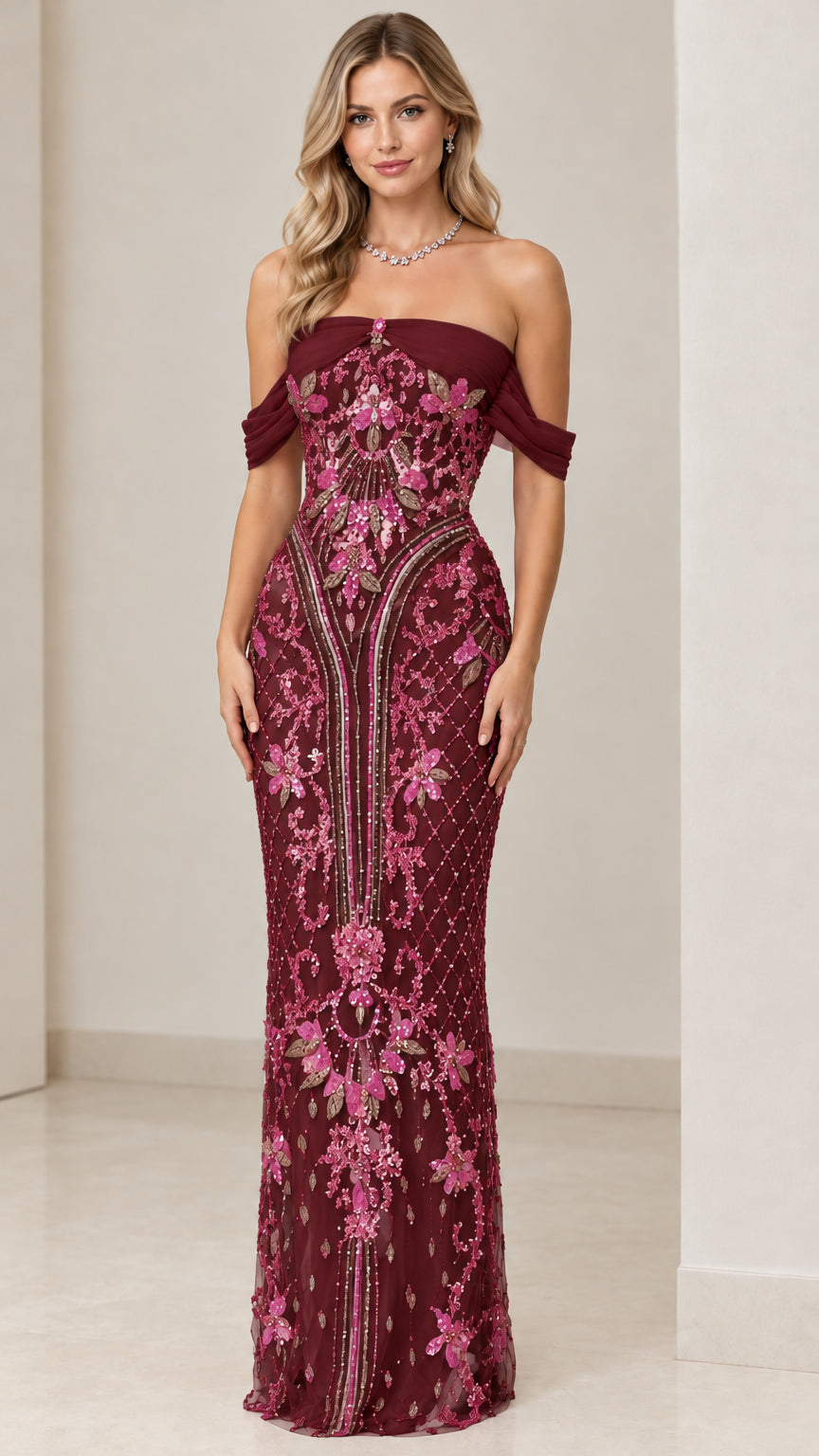 Model wearing Burgundy off-shoulder beaded floral evening gown