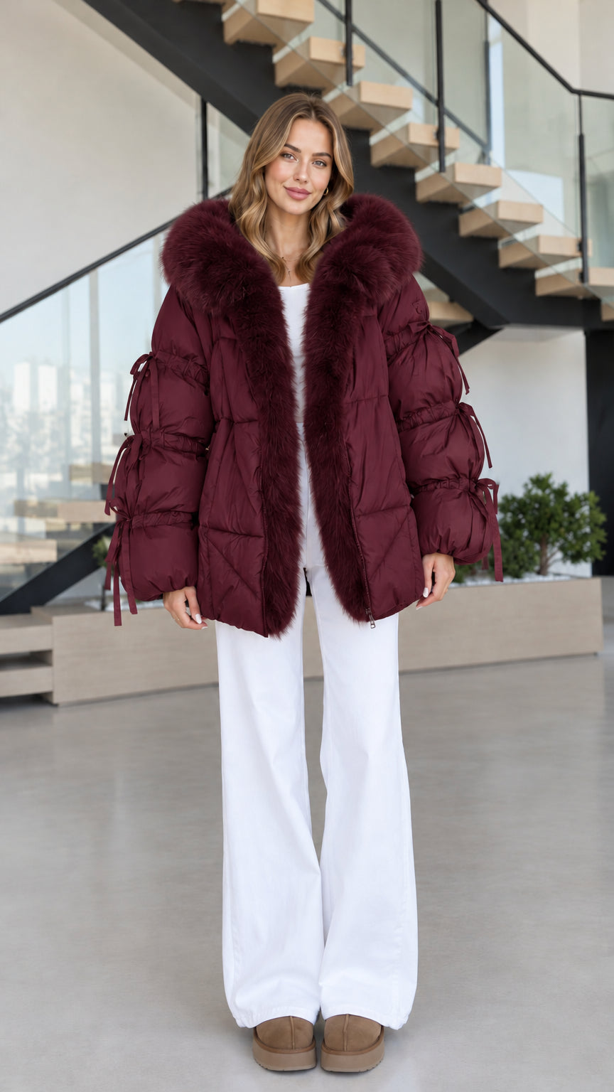 Women's burgundy red quilted puffer jacket with tonal faux fur hood trim