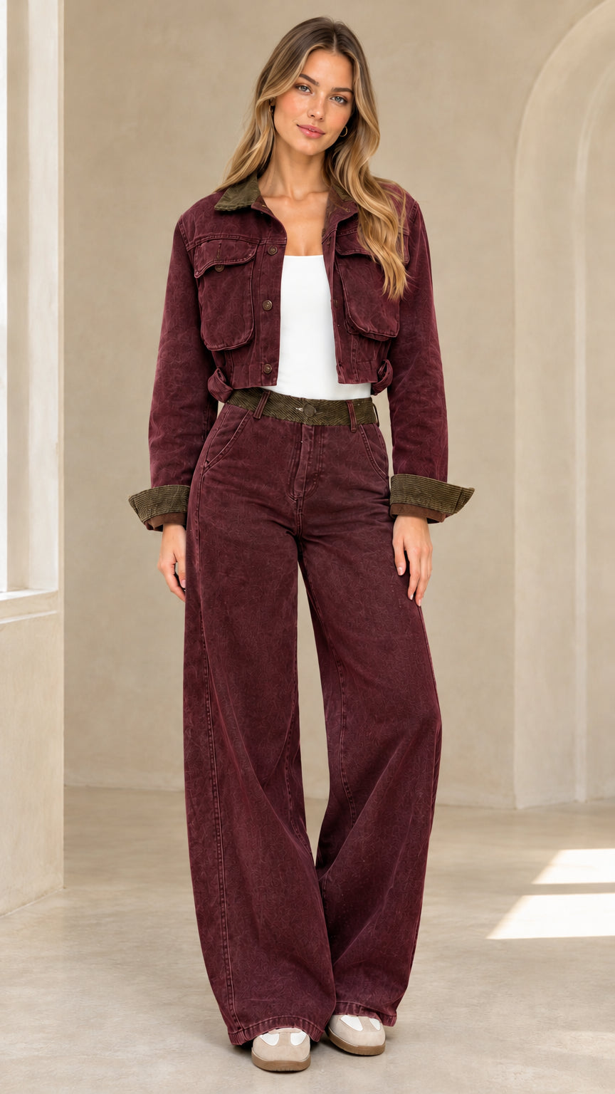 Burgundy wine cropped denim jacket and wide-leg pant set