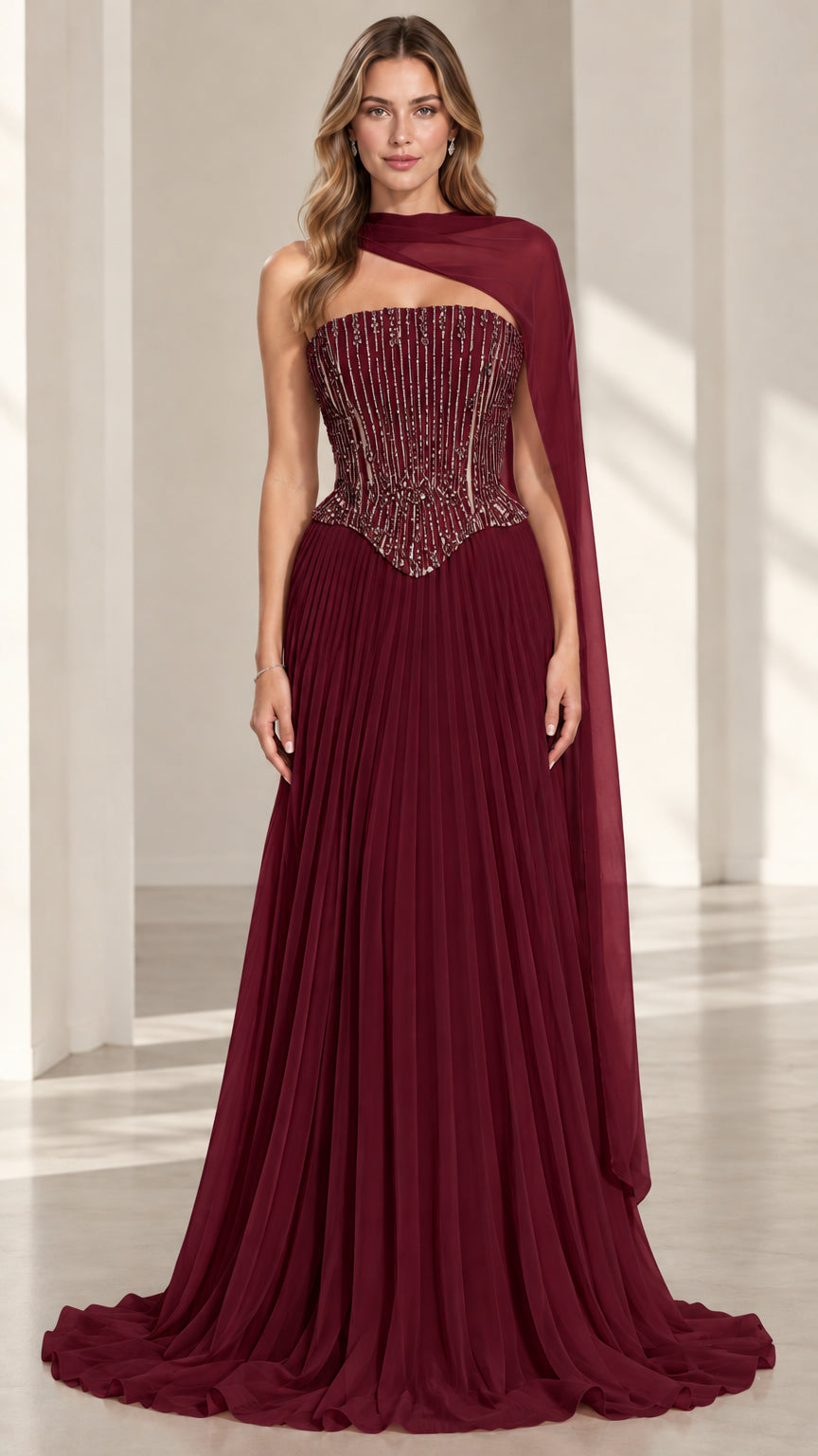 Burgundy wine red strapless beaded corset formal gown with draped scarf