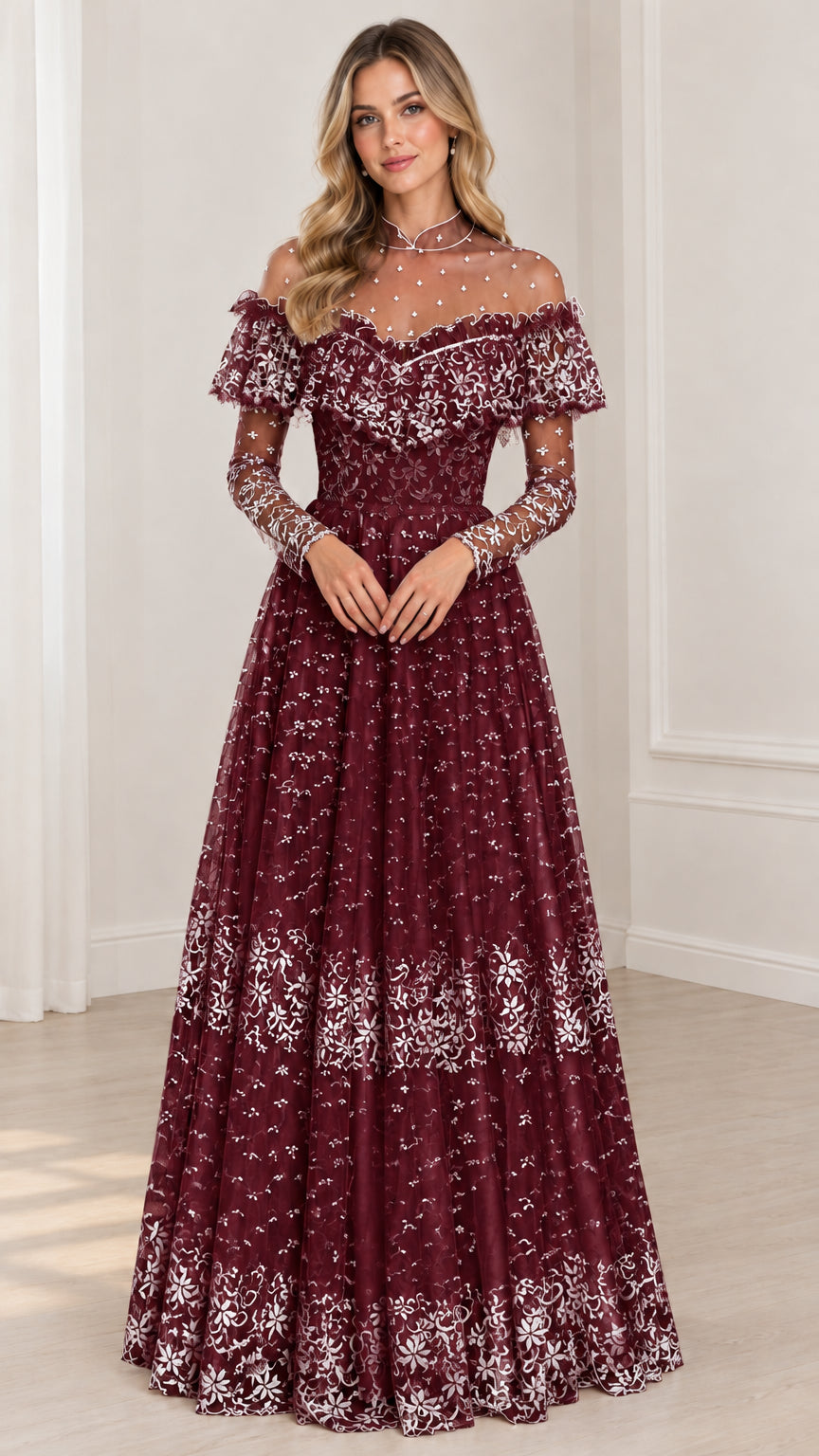 Front full view of burgundy wine lace illusion evening gown
