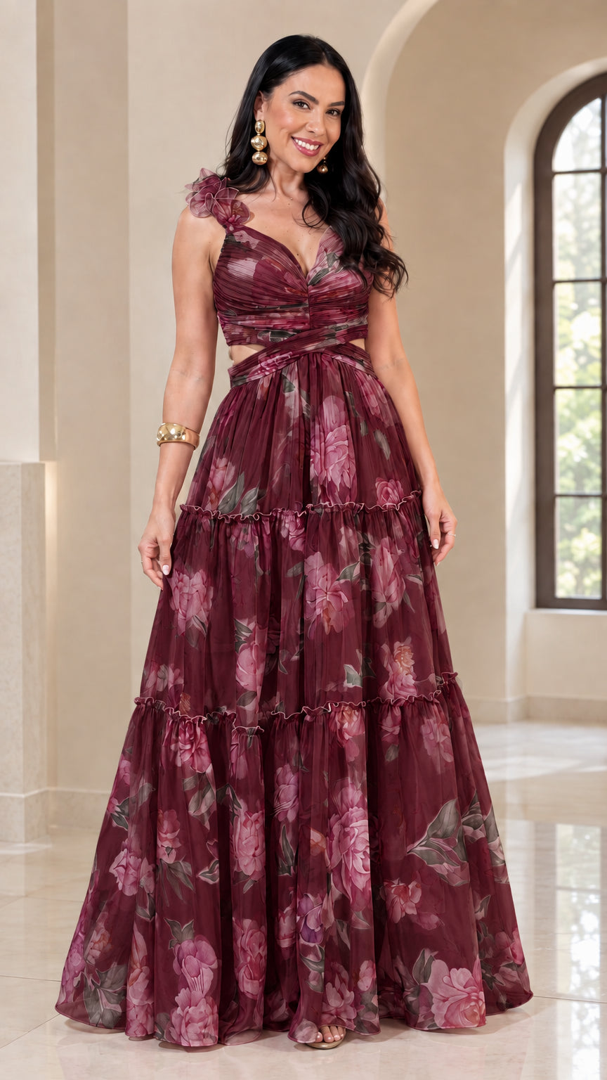 Model wearing Burgundy floral print cutout tiered maxi dress