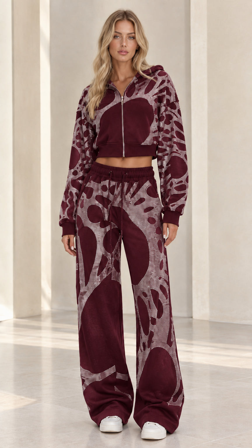 Burgundy wine red rhinestone embellished cropped tracksuit set