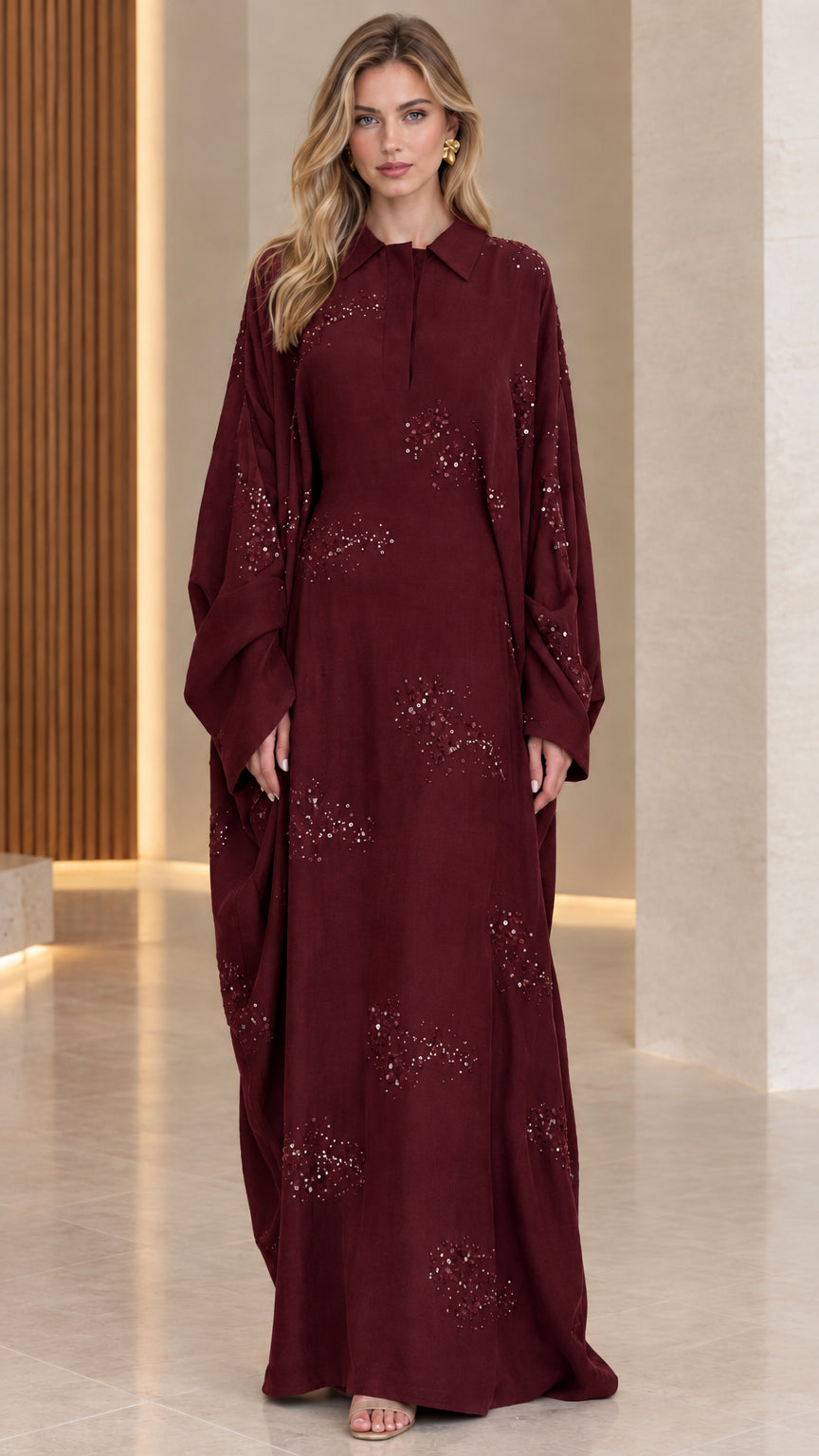 Burgundy red collared sequin kaftan maxi dress front view