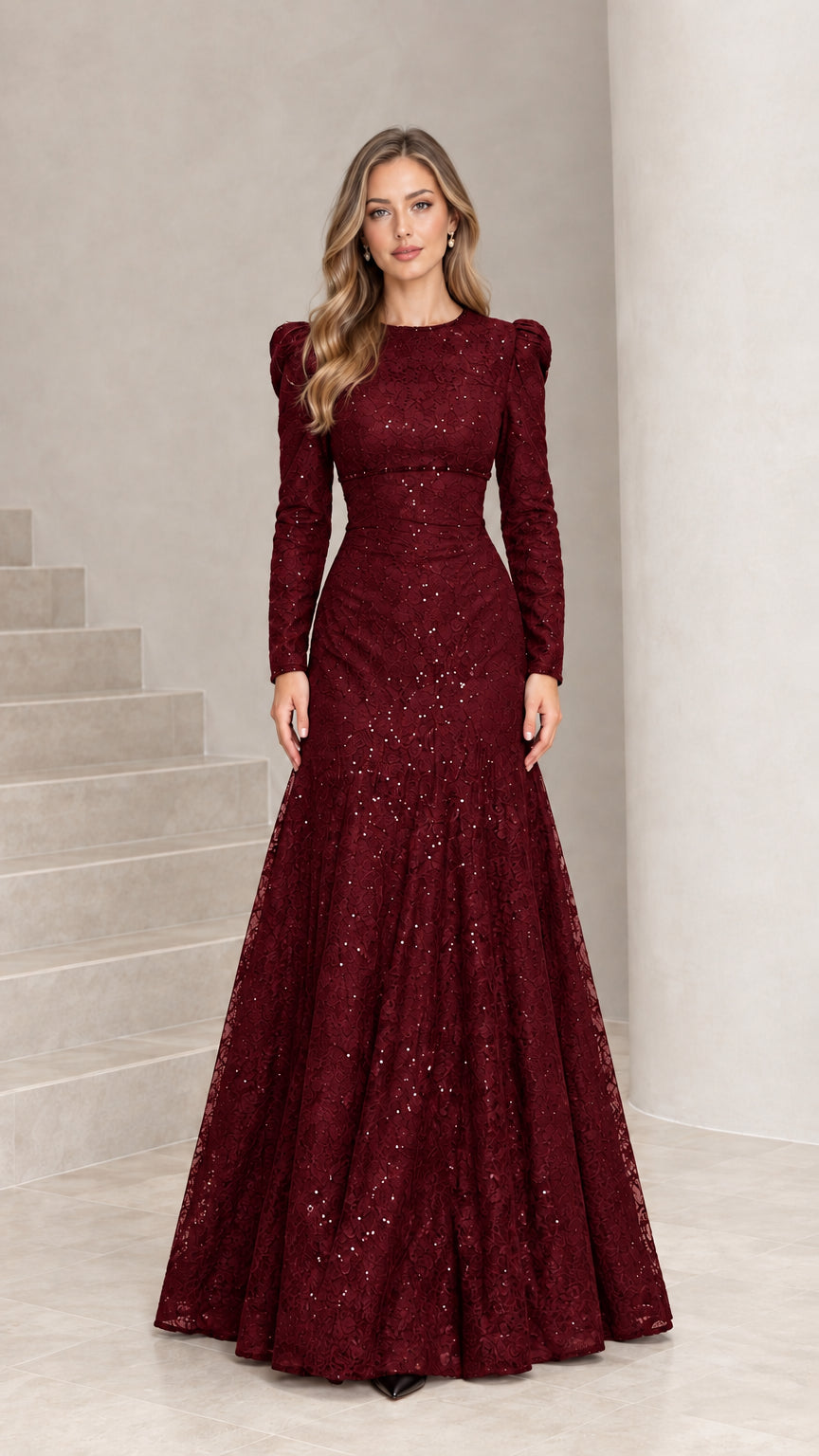 Burgundy long sleeve sequin lace floor-length evening gown