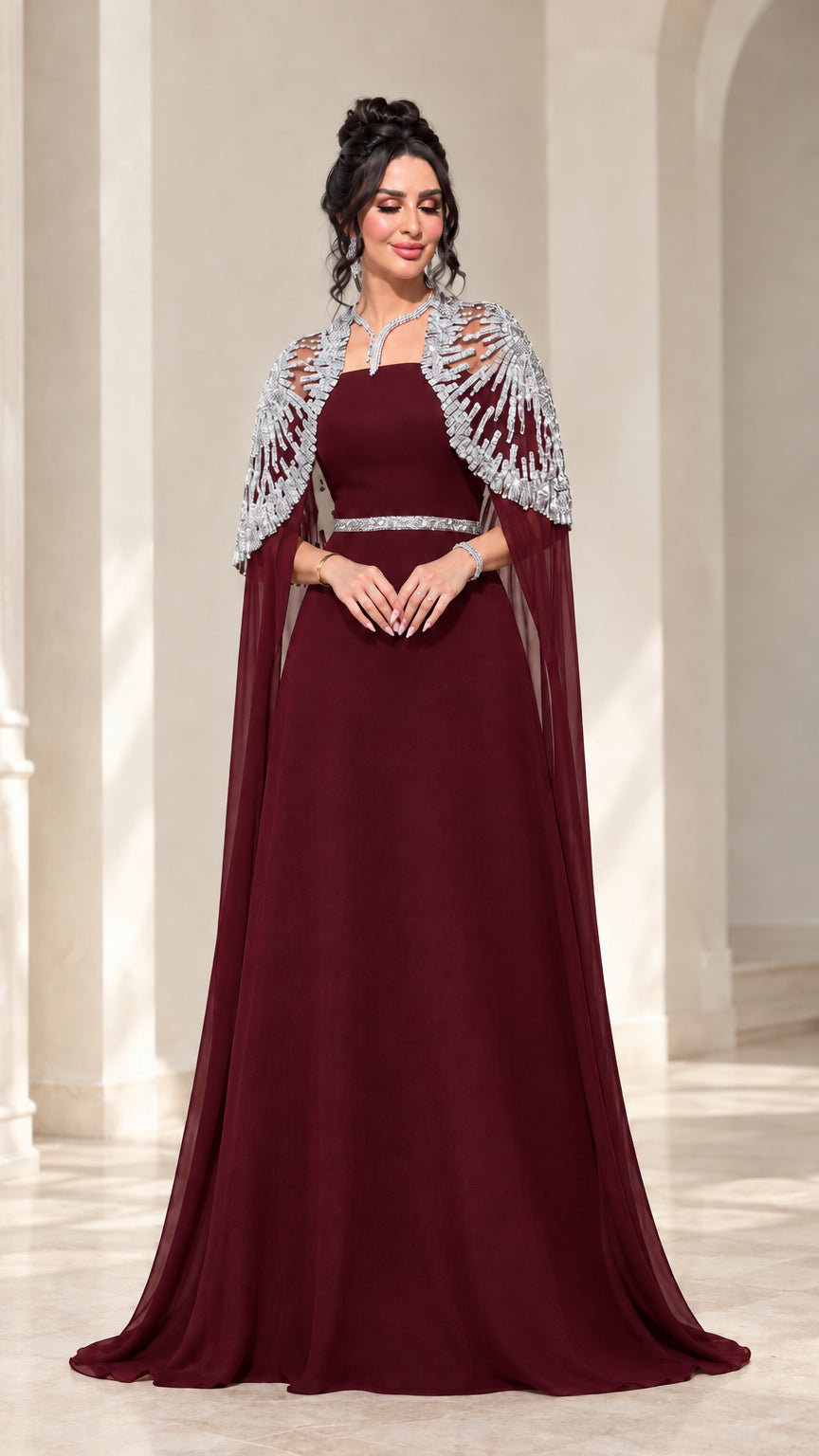 Burgundy wine formal evening dress with sparkling sequin capelet