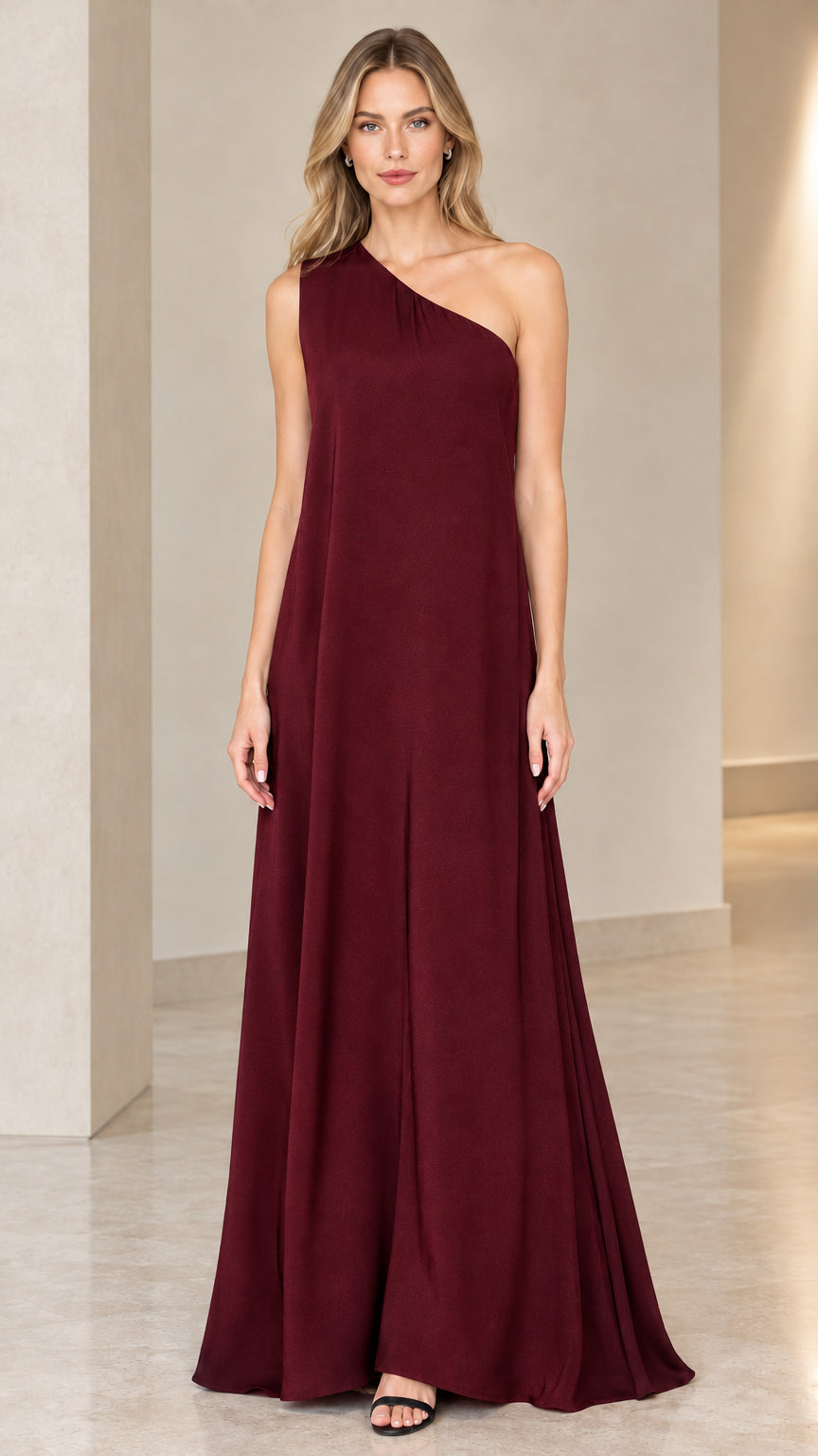 Front view of model wearing burgundy one-shoulder maxi dress