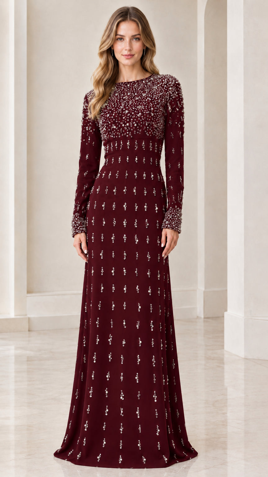 Front view of woman wearing Burgundy long-sleeve formal embellished dress