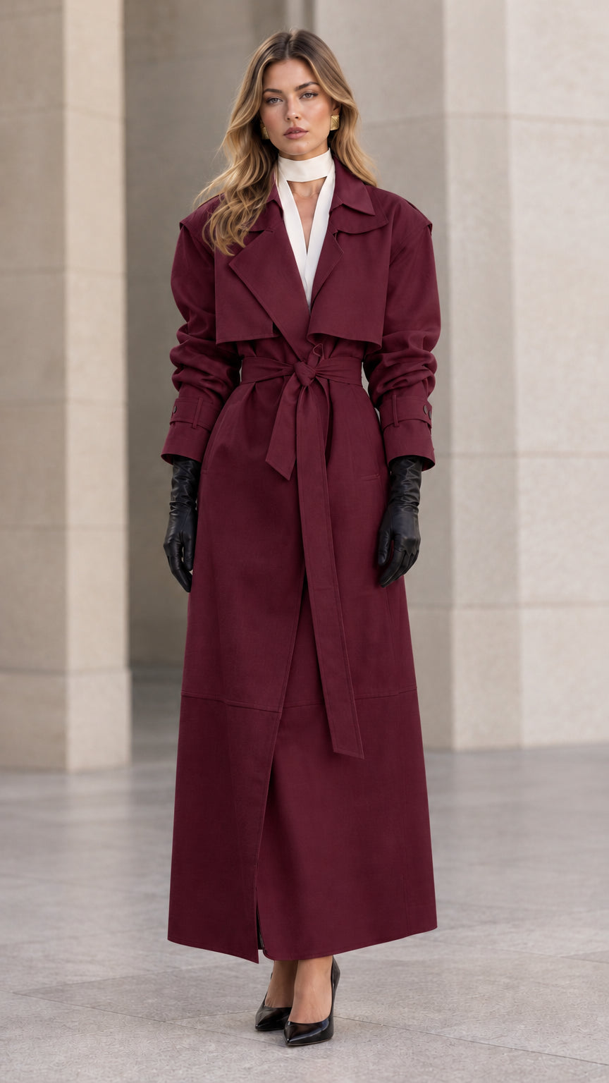 Full-length front view of woman wearing burgundy wine maxi belted trench coat
