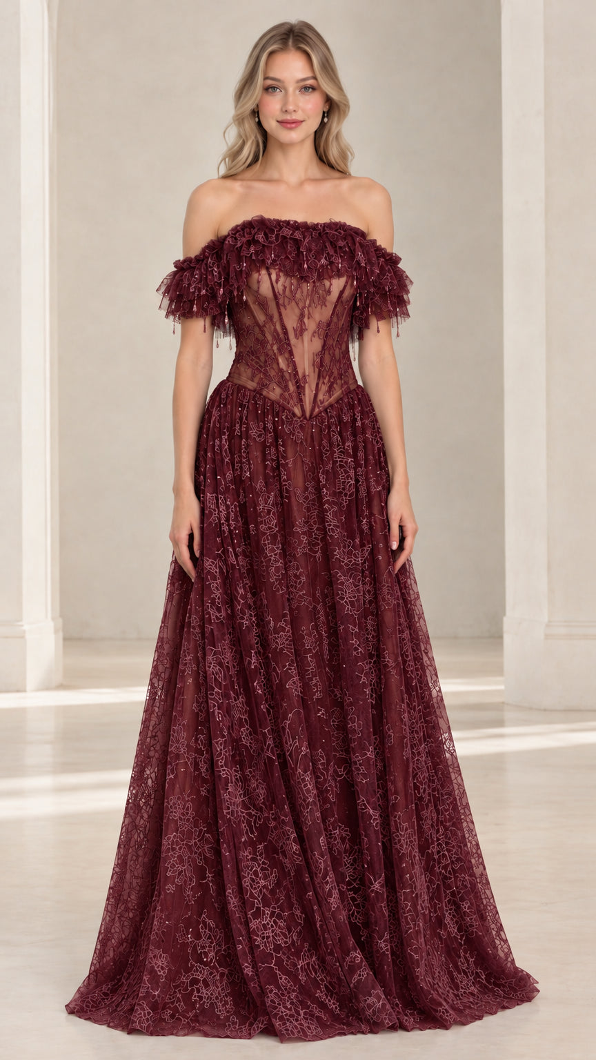 Burgundy wine off-the-shoulder beaded lace formal dress