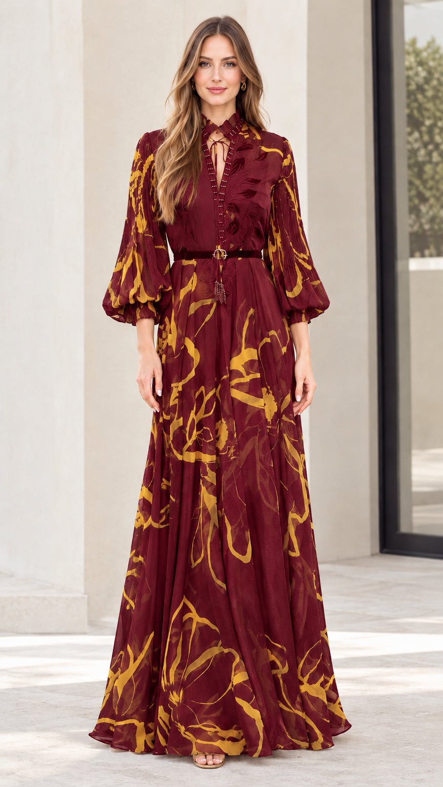 Model wearing burgundy red abstract floral print belted maxi dress