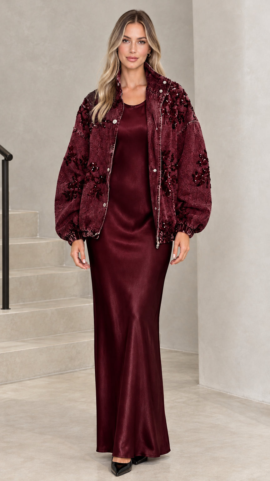 Burgundy floral sequin embellished denim jacket styled with a deep wine satin gown