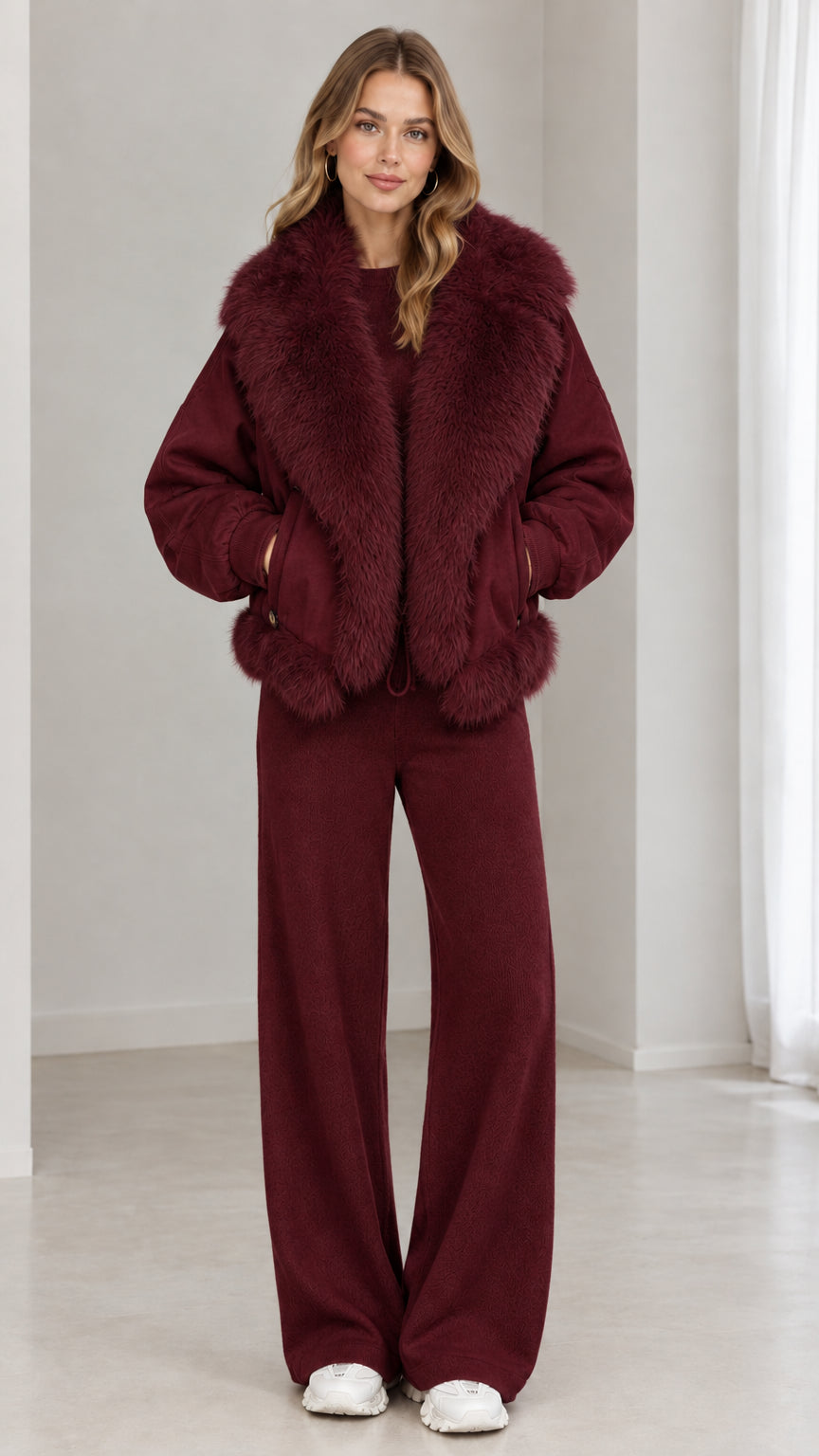 Full front view of model wearing burgundy faux-fur collar zip-up jacket and matching burgundy pants